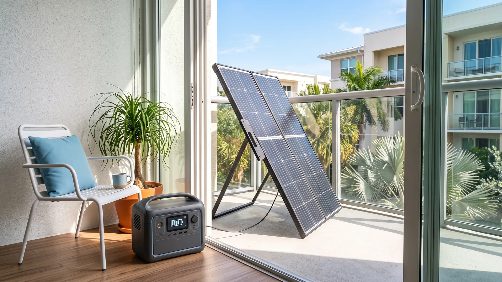 Illustration of a foldable solar panel propped on a Florida apartment balcony railing, charging a small power station indoors through the sliding door
