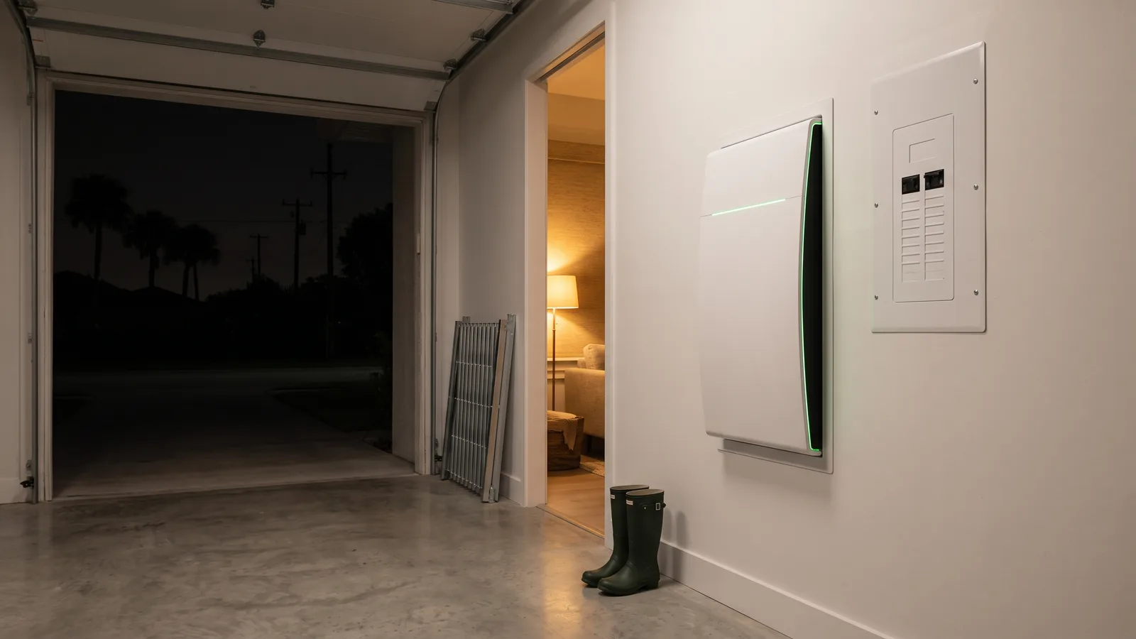 Illustration of a home backup battery in a Florida utility room powering a refrigerator and ceiling lights while the street outside is dark