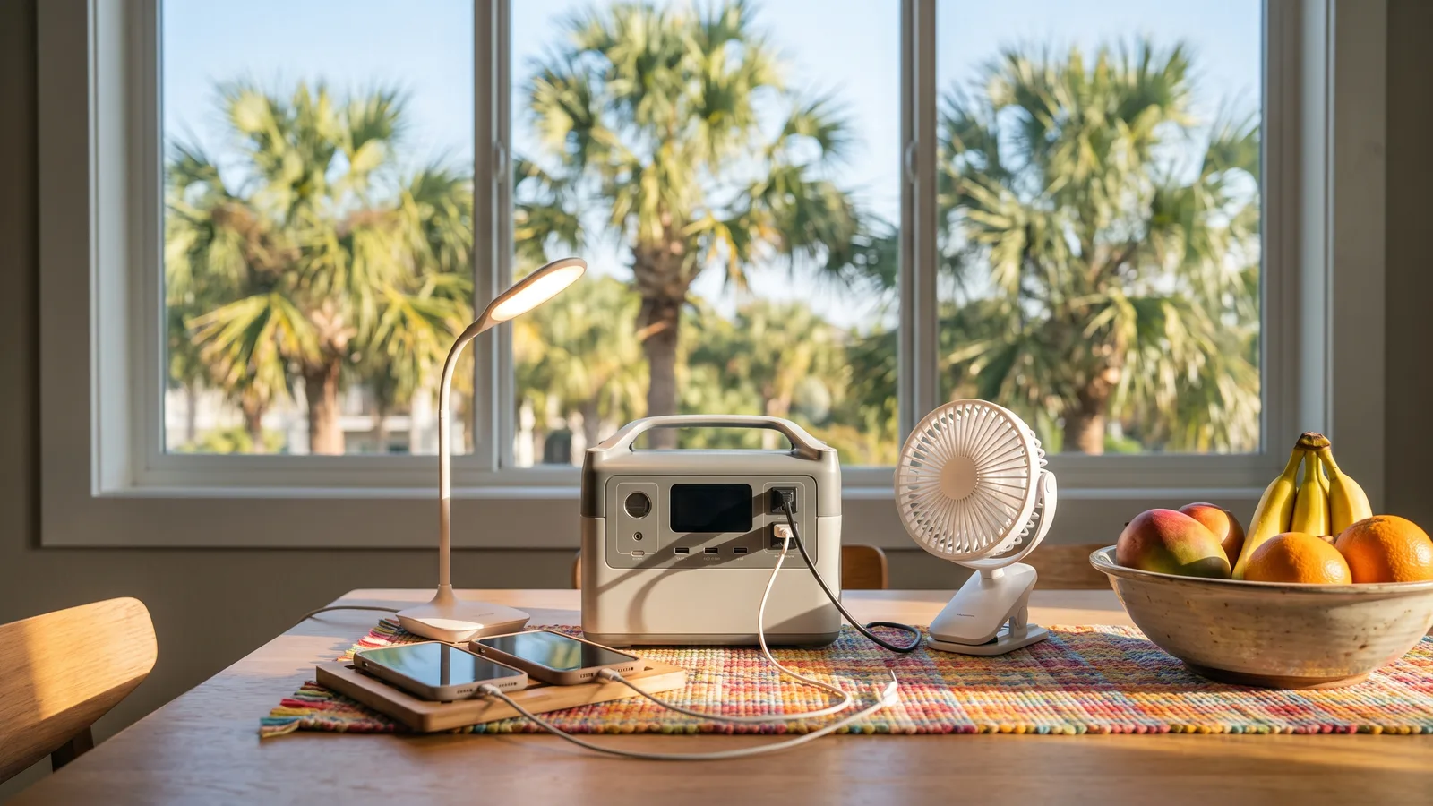 Illustration of a compact entry-level power station on a Florida living room floor running a fan, a lamp, and two charging phones