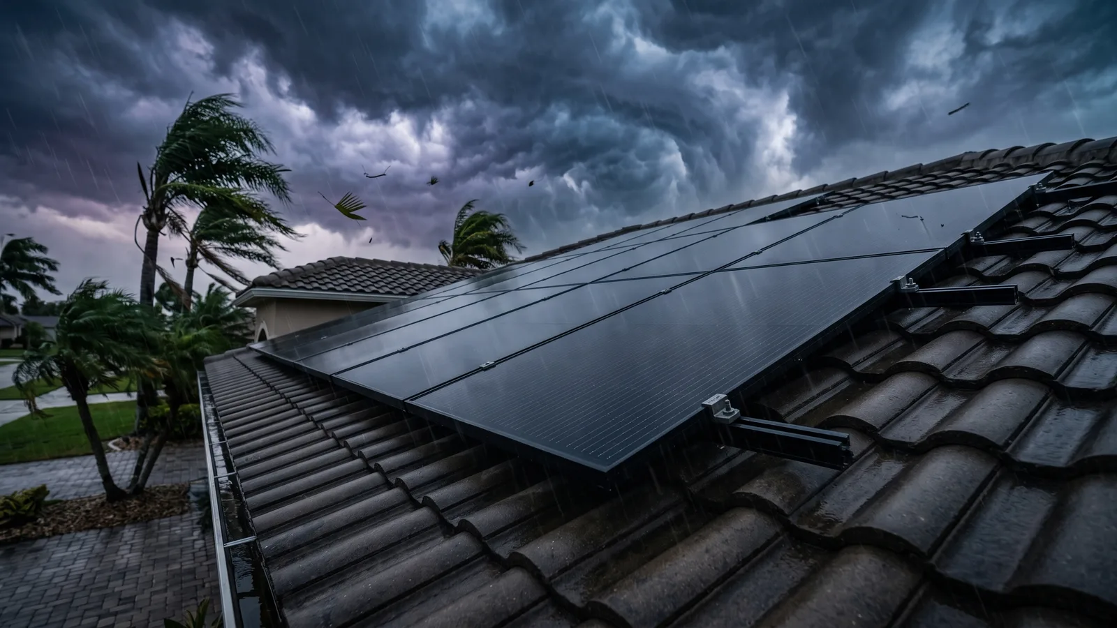 Illustration of roof-mounted solar panels on a Florida home bending palm trees under high wind, showing mounting rails and clamps