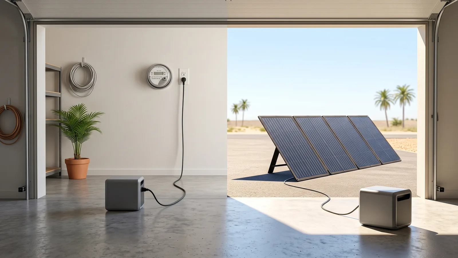 Illustration comparing a power station charging from a wall outlet indoors and from a foldable solar panel in a sunny Florida backyard