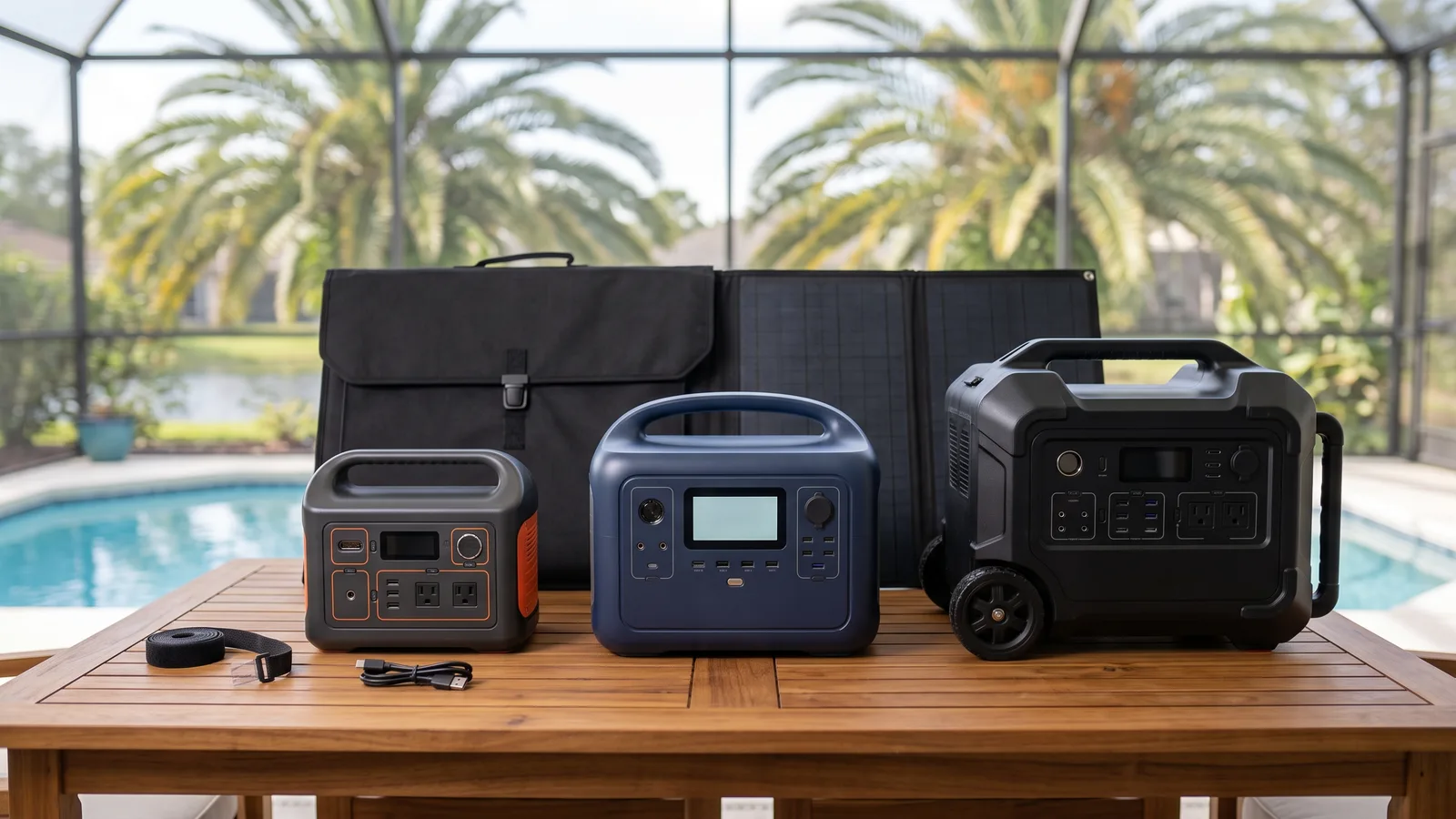 Illustration of three portable power stations from different brands side by side on a Florida patio for comparison