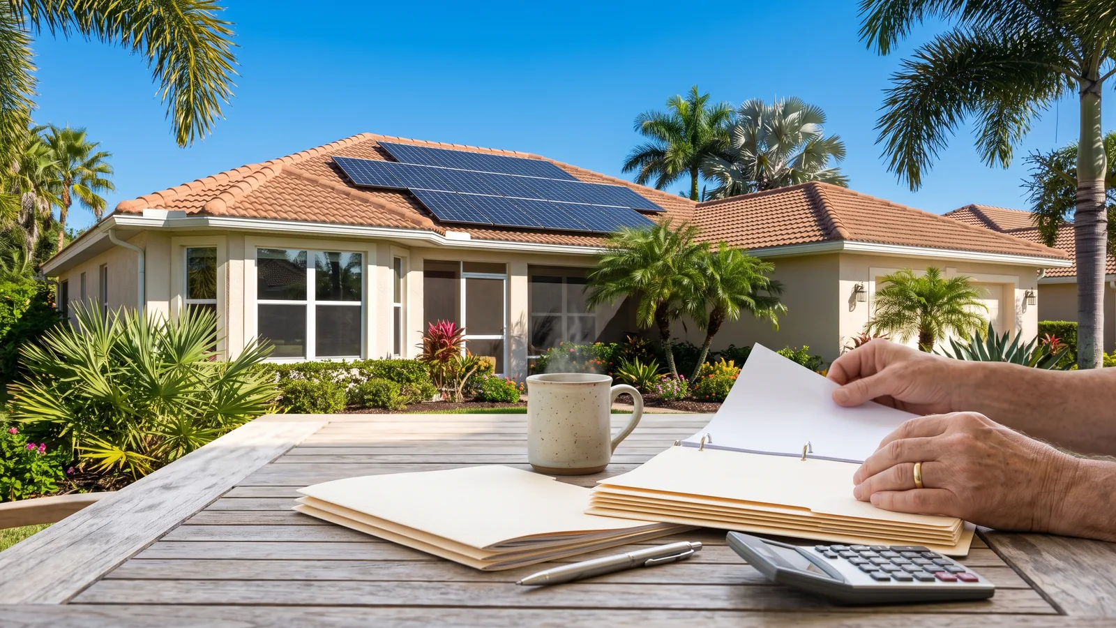Illustration of a Florida home with rooftop solar and a wall battery, with a utility bill and paperwork on the kitchen table