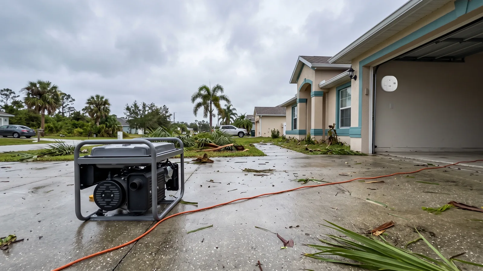 Illustration of a portable gas generator running outdoors well away from a Florida house, with a carbon monoxide alarm visible inside