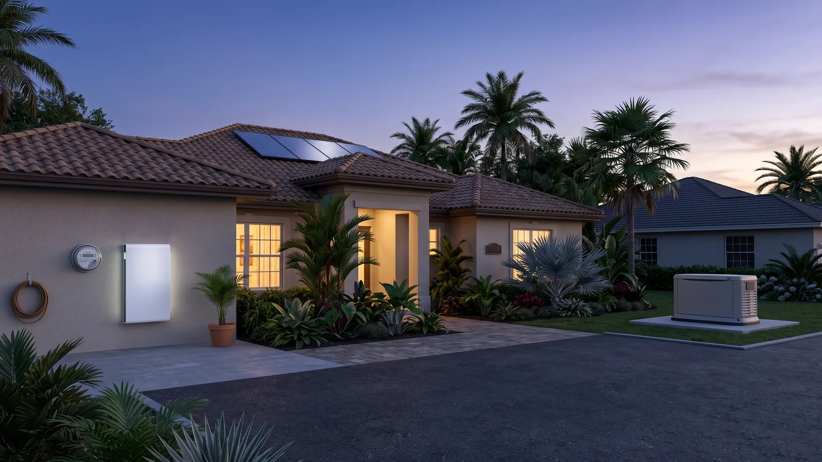 Illustration of a wall-mounted home battery on one side of a Florida house and a standby generator on the other, split-scene comparison