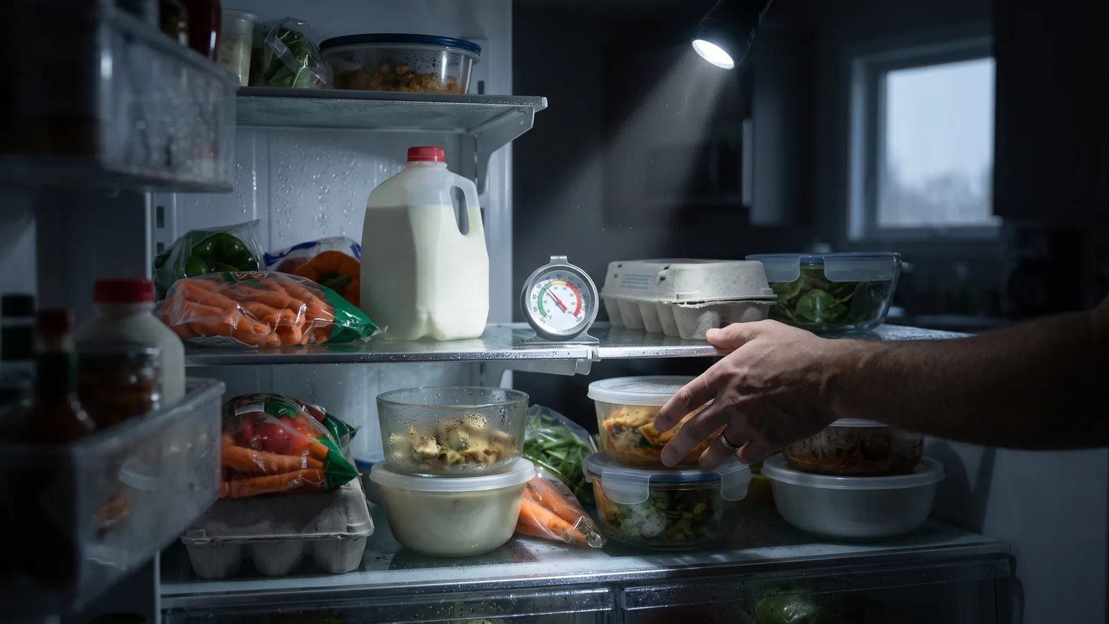 Illustration of a closed refrigerator in a dark Florida kitchen with a thermometer reading on the door during a power outage