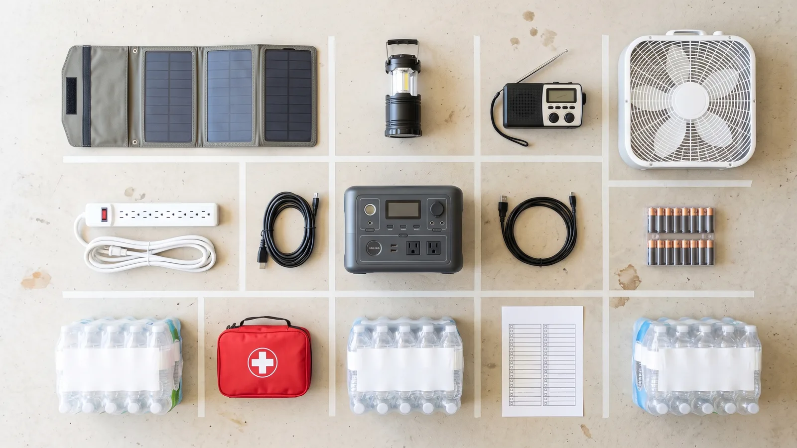 Illustration of a Florida hurricane power kit laid out on a table: power station, lantern, weather radio, extension cord, and water