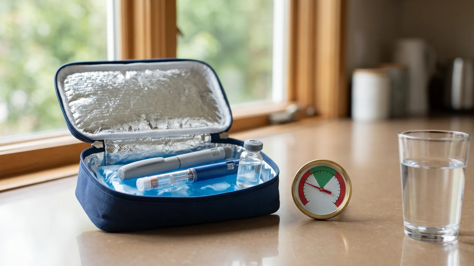 Illustration of insulin pens in a small cooler beside a portable power station in a Florida kitchen during a blackout