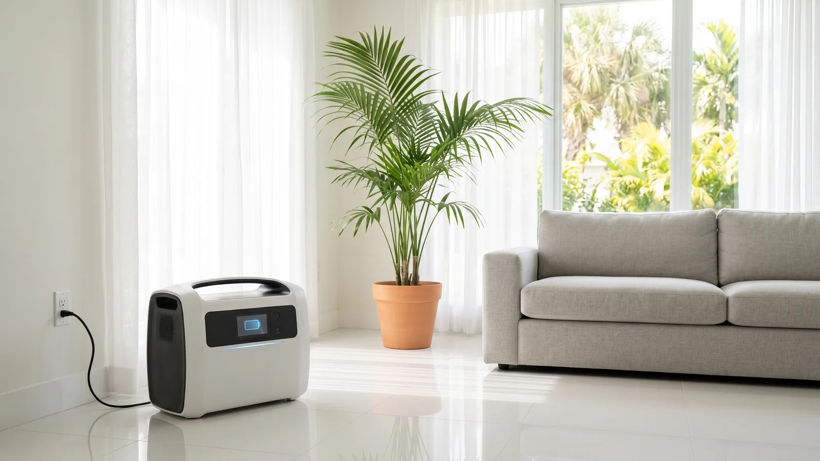 Illustration of a portable power station charging safely on a tile floor indoors, clear of clutter, in a Florida home
