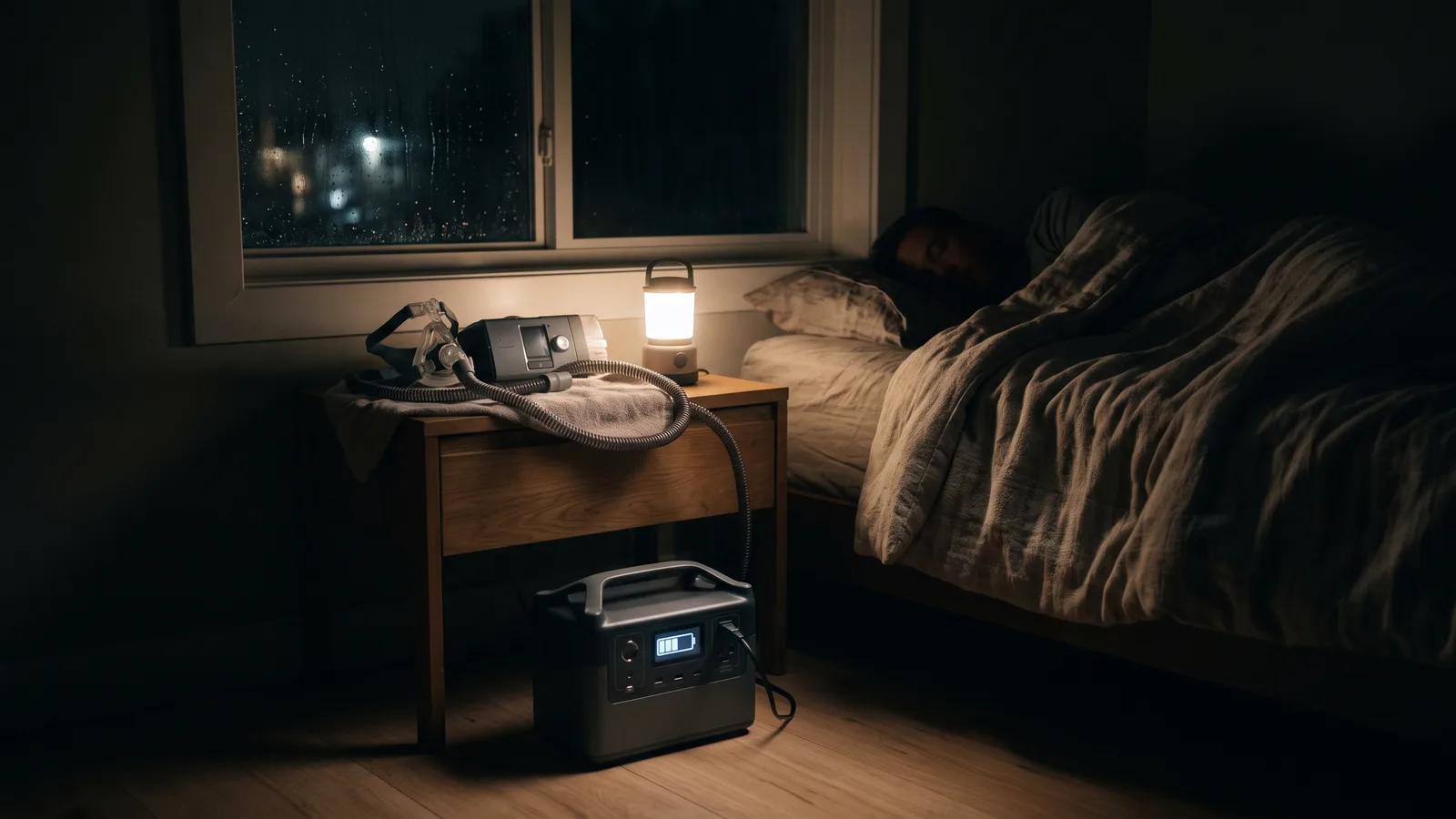 Illustration of a CPAP machine on a nightstand running from a small power station overnight in a dark Florida bedroom