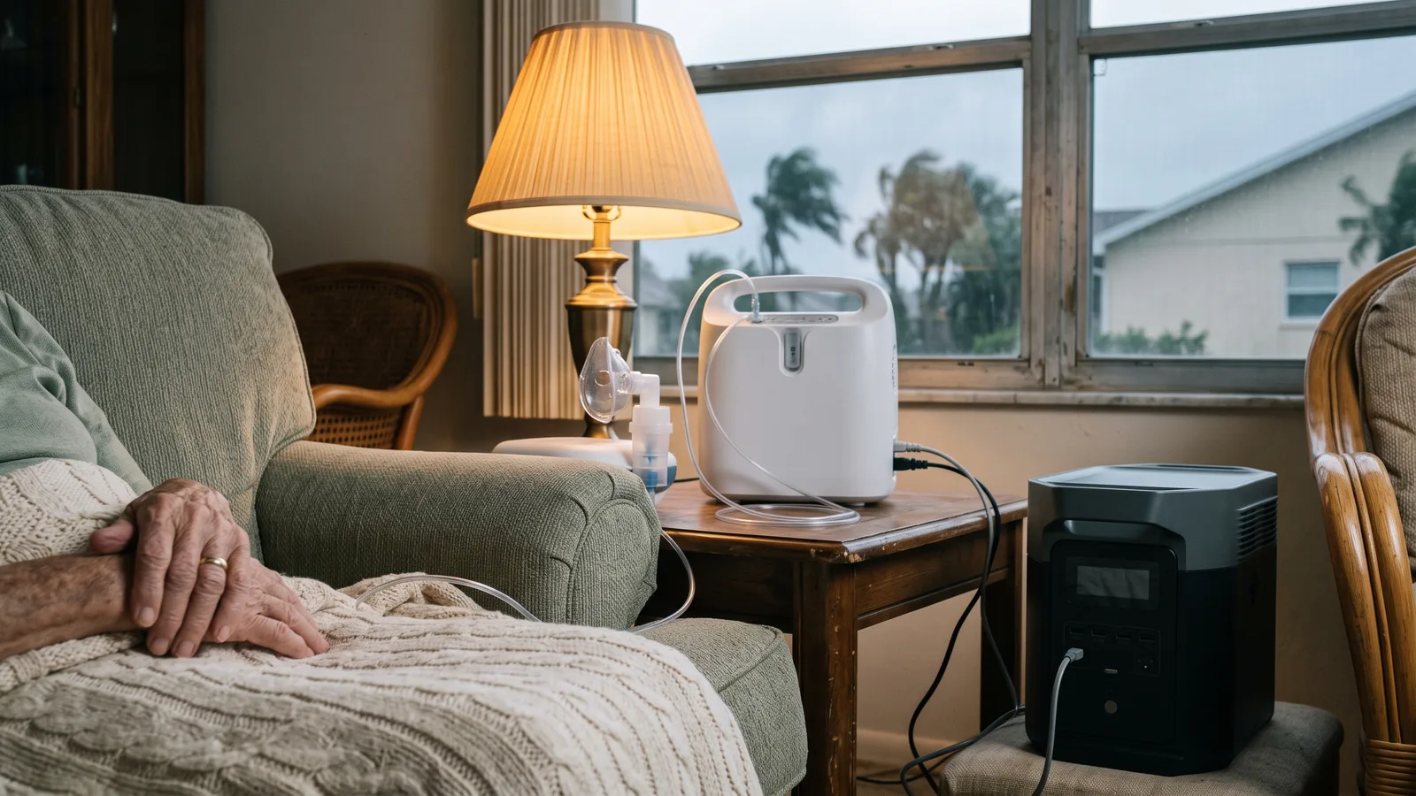 Illustration of a home medical device plugged into a battery backup unit in a Florida bedroom, with the ceiling light off