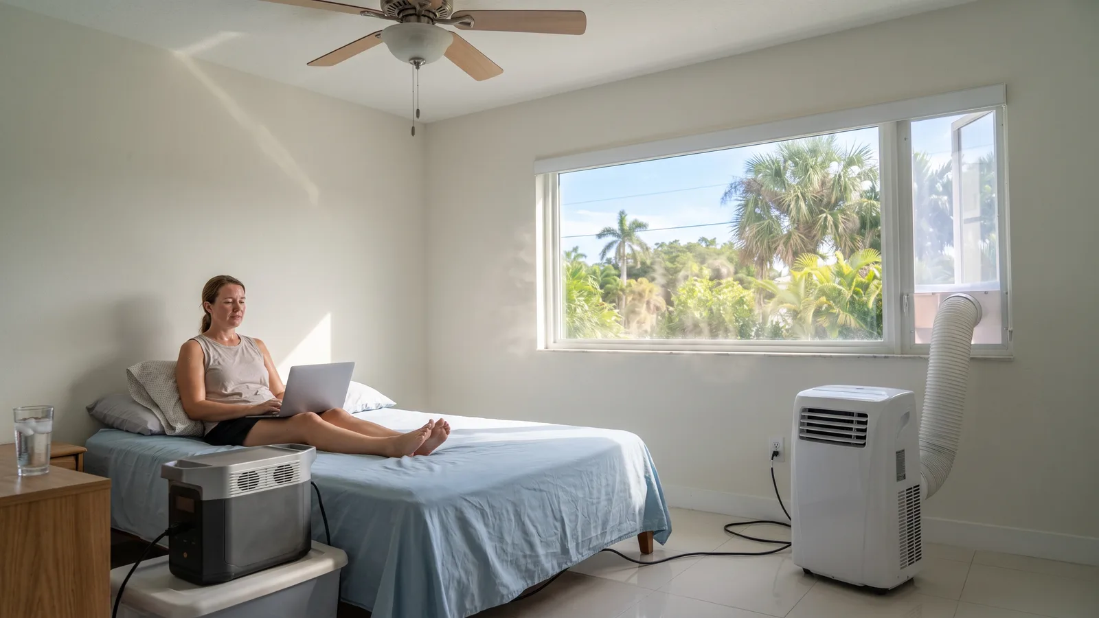 Illustration of a portable air conditioner venting through a Florida window while a large power station sits beside it