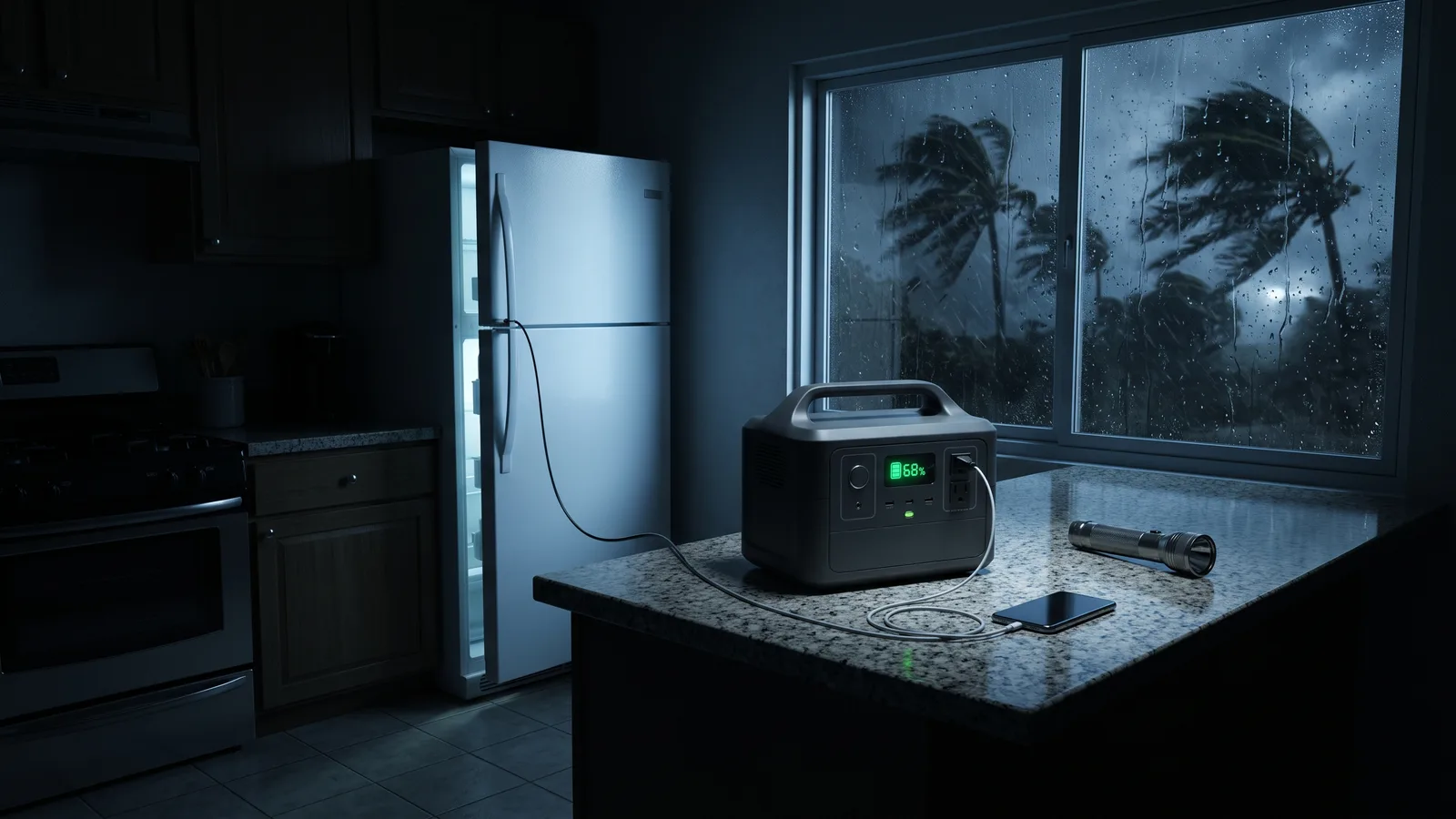 Illustration of a portable power station running a refrigerator in a Florida kitchen during a blackout, with storm shutters closed