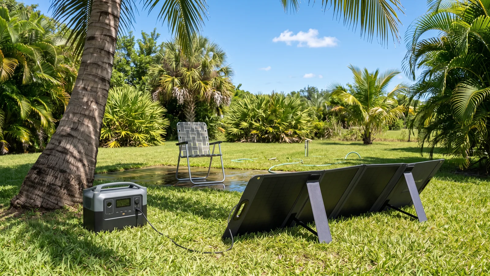 Illustration of a foldable solar panel unfolded on a Florida lawn, cable running to a power station in the shade