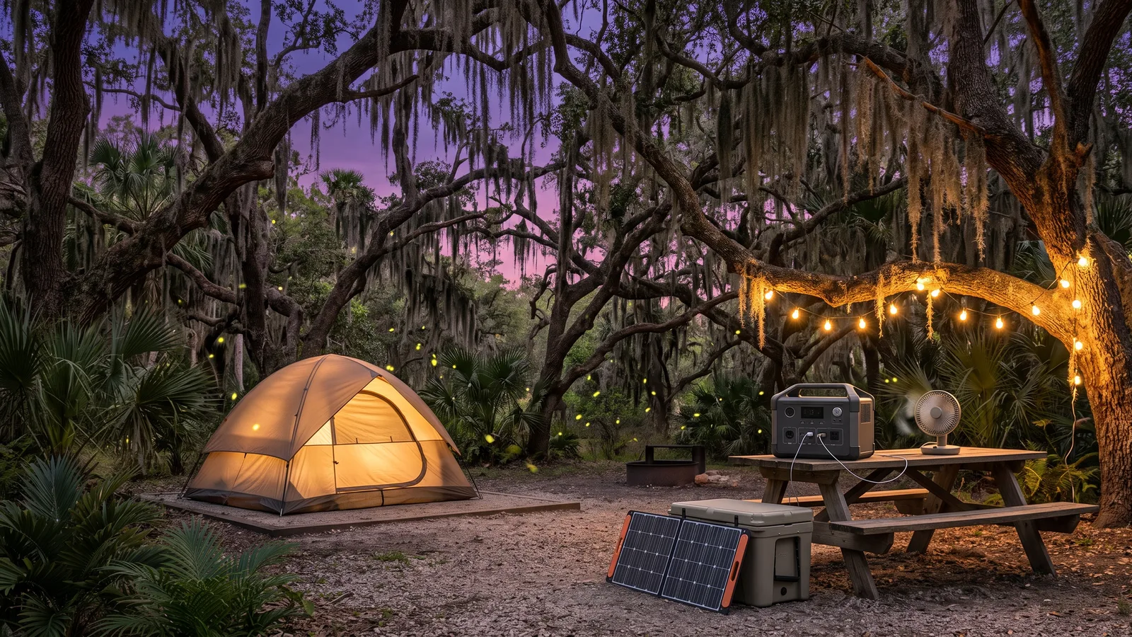 Illustration of a power station beside a tent at a Florida campsite, powering a string light and a small fan at dusk