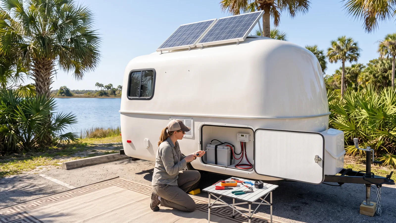 Illustration of an RV parked in Florida with roof solar panels, a charge controller, and a lithium battery bank in the storage bay