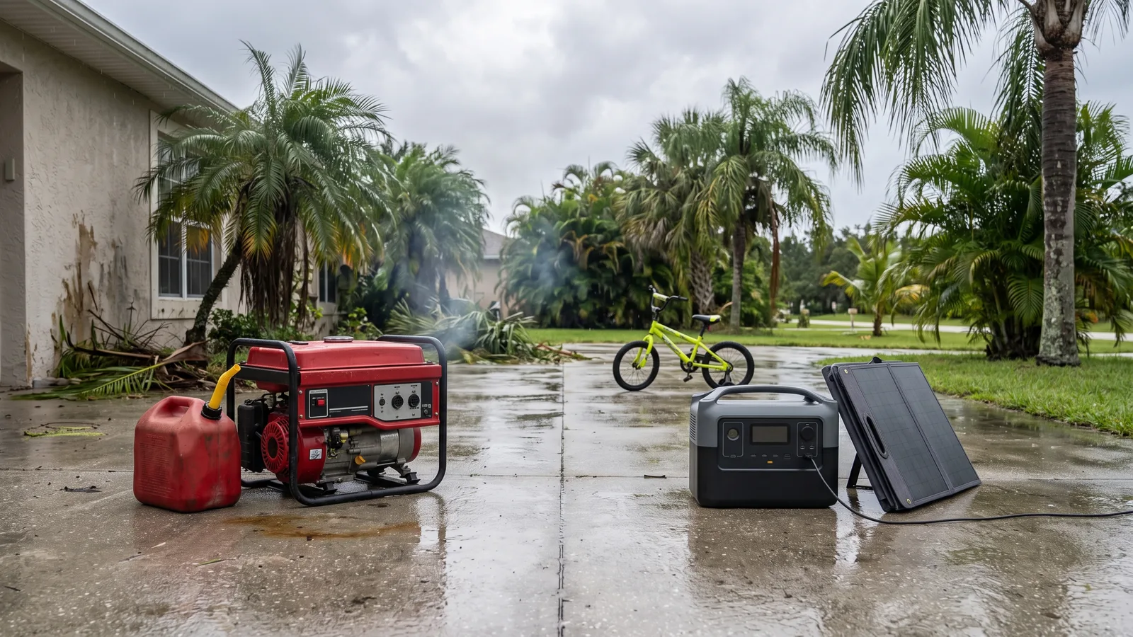 Illustration of a solar-charged power station beside a gas inverter generator on a Florida driveway, side-by-side comparison