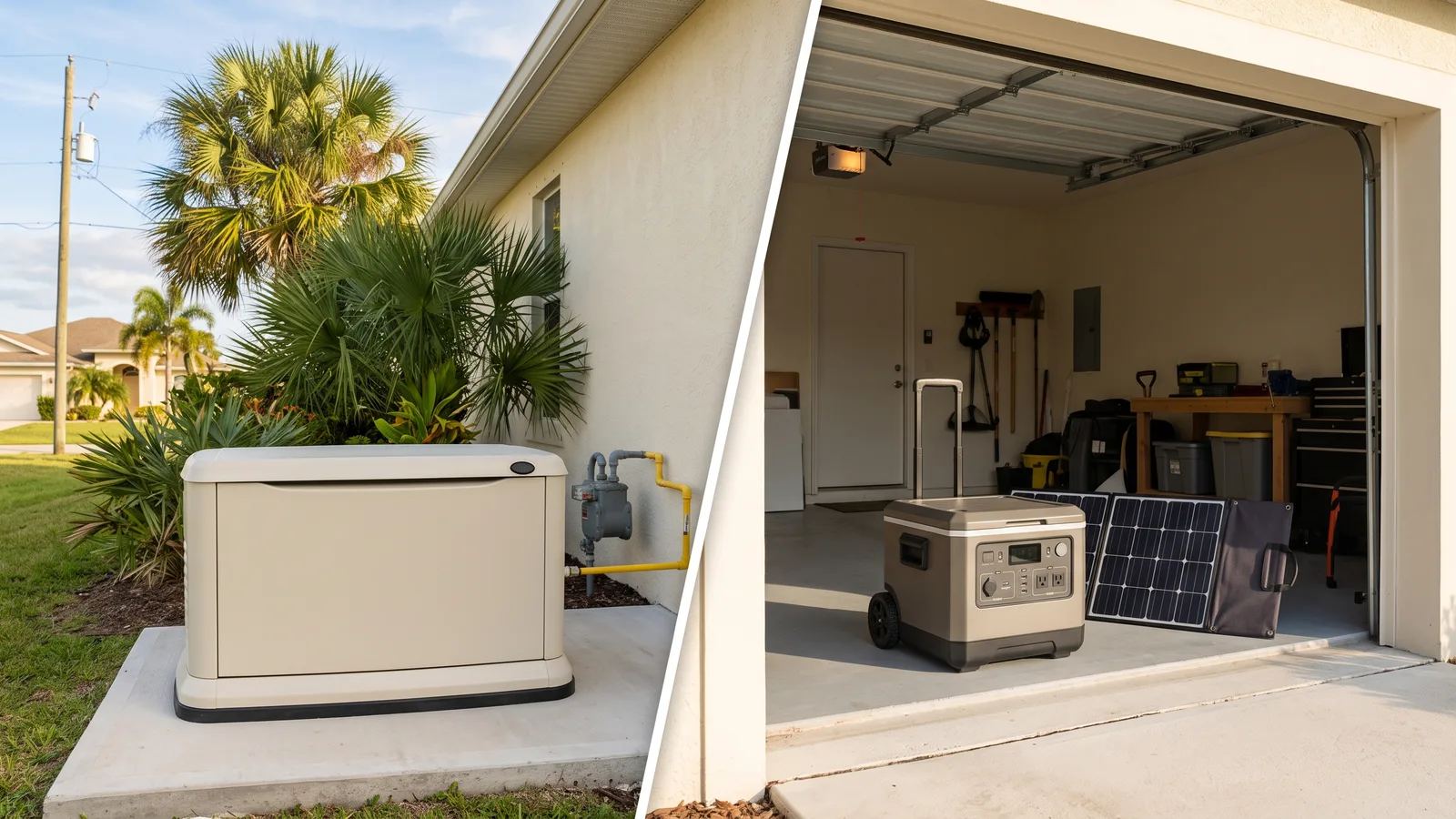 Illustration of a permanently installed standby generator beside a Florida house compared with a wheeled portable power station