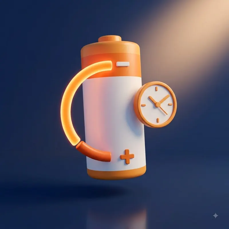 3D illustration of a battery with a charge gauge and clock